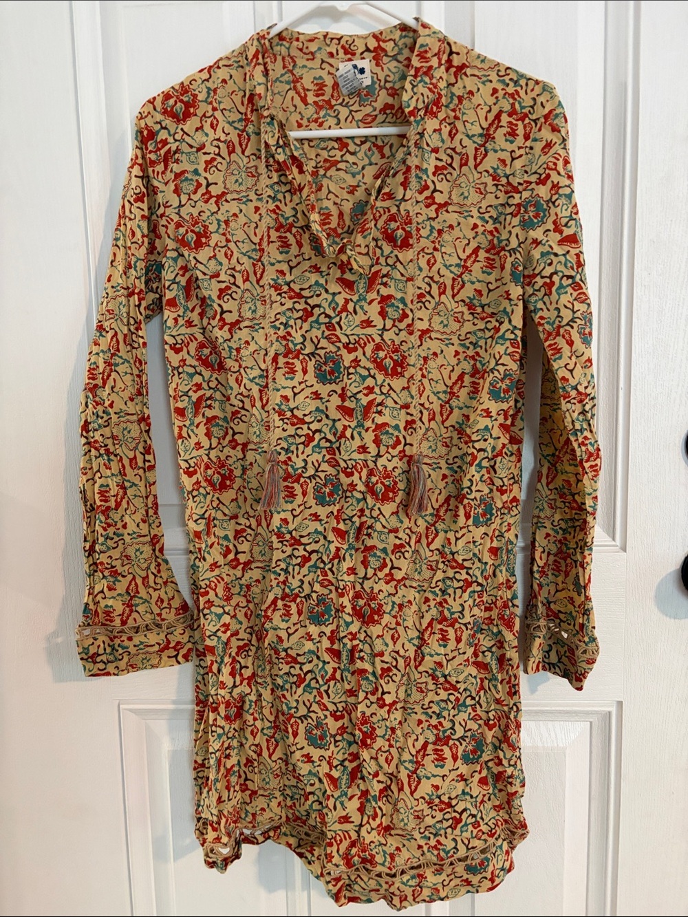 John Robshaw Beige Floral Tunic Dress with Red & Teal Motifs